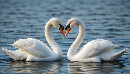 White swans on calm water forming a heart shape with their necks in a serene romantic scene where reflections and gentle ripples create a peaceful atmosphere in a natural lakeside environment