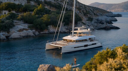 A luxury marine yacht anchored in a quiet bay, guests stepping onto a paddleboard as the water reflects golden evening light — coastal tourism, marine leisure lifestyle, and high-end ocean travel.