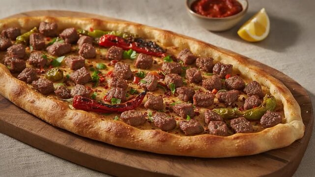 A traditional Turkish pide topped with seasoned grilled meat cubes, peppers, and spices, served on a wooden board.