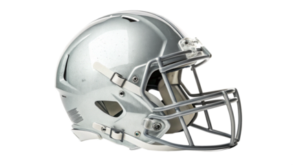 Silver american football helmet with face mask, isolated on transparent background