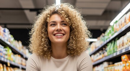 Joyful woman with blonde curls smiles, looking up in a bright store aisle