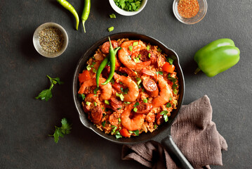 Creole style jambalaya with prawn, smoked sausages and vegetables