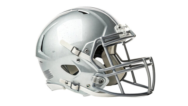 Silver american football helmet with face mask, isolated on transparent background
