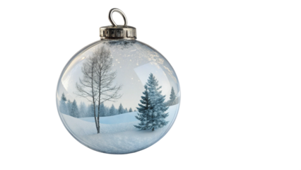 Clear glass christmas ornament with winter landscape scene inside isolated on transparent background