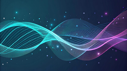 A vibrant abstract digital waveform in blue and pink hues, composed of countless glowing particles, resembling a DNA helix structure against a dark background.