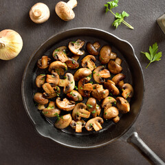 Roasted mushroom in cast iron pan