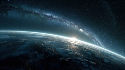 Fototapeta premium Orbital vista of an Earth-like world with visible surface, starry sky, and a sweeping Milky Way arc