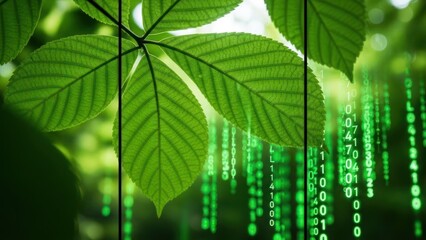 Lush green leaves with sunlight filtering through, juxtaposed with falling green binary code