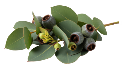 Detailed representation of fresh green eucalyptus branch with gumnuts isolated on white background highlighting eucalyptus, gumnut,