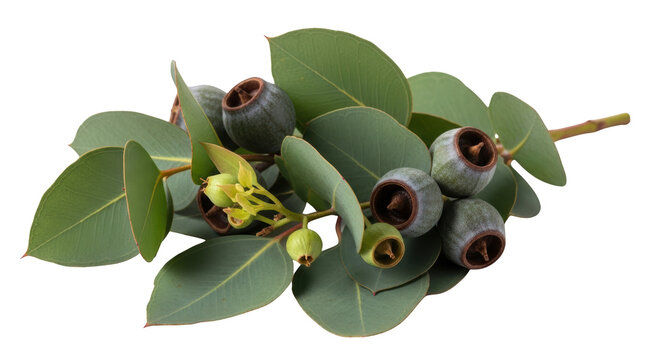 Detailed representation of fresh green eucalyptus branch with gumnuts isolated on white background highlighting eucalyptus, gumnut,