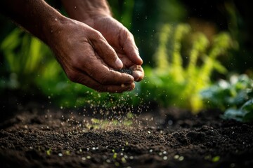 Outdoor garden scene: seed sowing grass seeds into a prepared garden bed beside fresh greens
