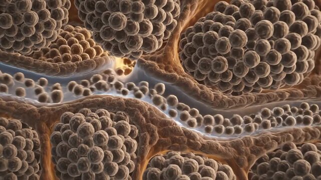 Acinar cells forming dense grape-like clusters, enzyme vesicles budding and moving toward ducts, gentle peristaltic motion 