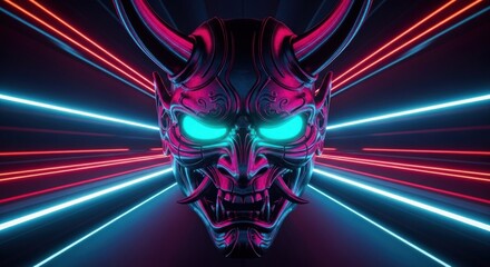 Metallic horned mask with glowing teal eyes in a dark cyber tunnel with red and blue neon trails
