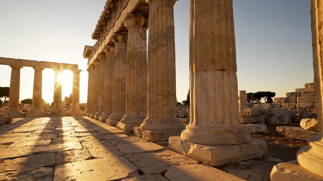 Ancient Greek Temple Ruins at Sunset with Golden Light and Long Shadows.