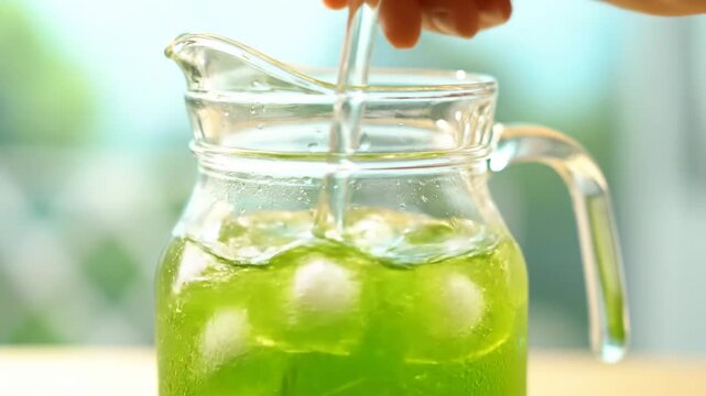 Refreshing Green Drink with Ice Cubes Being Stirred in a Glass Pitcher.