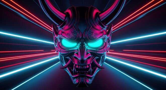 Metallic horned mask with glowing teal eyes in a dark cyber tunnel with red and blue neon trails - Powered by Adobe