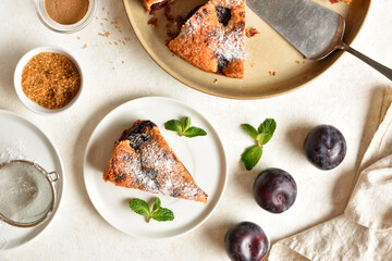 Plum pie on plate on light background