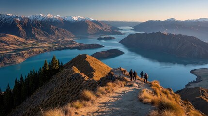 Panorama of Roys Peak overlook: snow-capped peaks, turquoise Lake Wanaka, and expansive mountain valley