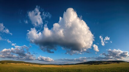 Panoramic photograph of a dramatic cumulus cloud over a tranquil rural landscape at golden hour