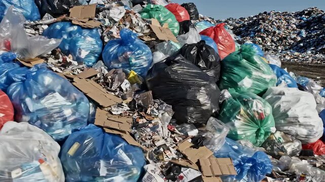 Overflowing Landfill of Colorful Garbage Bags - A large pile of colorful plastic garbage bags filled with refuse, cardboard and other waste is seen at a landfill site.