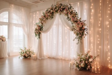 Pastel flower arch backdrop with greenery and draped fabric for wedding decor