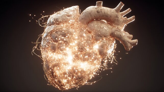 glowing human heart merged with brain structure via neural light threads, soft cinematic lighting, earth tone realism, high detail, v7 