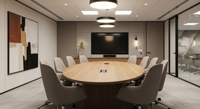 Modern conference room featuring an oval wooden table, twelve chairs, large screen, abstract art