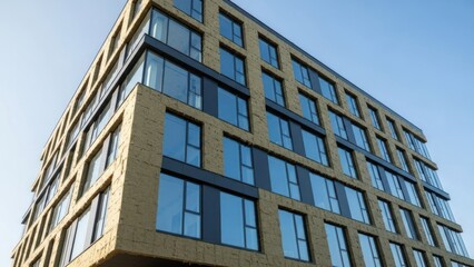 Modern multi-story building featuring textured tan facade and reflective windows under blue sky
