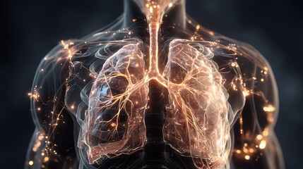 transparent human torso showing lungs and brain connected by glowing light threads, ethereal natural tones, anatomical illustration with cinematic depth, v7 