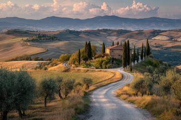 Pastoral Tuscan Scene with Terracotta Roofed Farmhouse and Winding Road