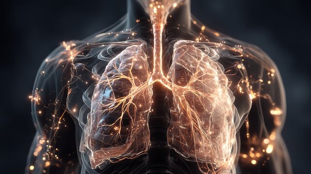 transparent human torso showing lungs and brain connected by glowing light threads, ethereal natural tones, anatomical illustration with cinematic depth, v7 
