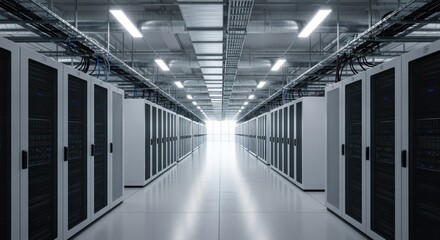 Modern server room corridor with long rows of data racks, bright light in the distance