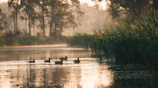 Peaceful waterfowl on a sunlit pond surrounded by greenery and calm water