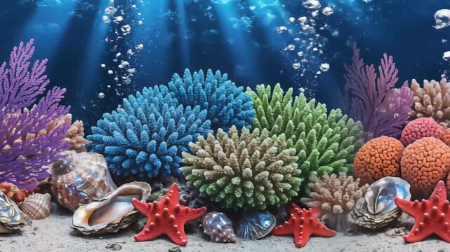 Colorful Underwater Coral Scene with Starfish and Shells - This video showcases a vibrant underwater scene featuring an assortment of colorful corals in shades of purple, blue, and green.