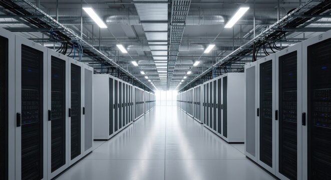 Modern server room corridor with long rows of data racks, bright light in the distance