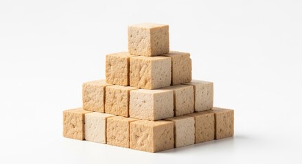 Neat pyramid of textured, light brown cubic blocks against a clean white backdrop