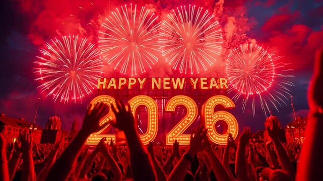 Spectacular new year s eve celebration in 2026 featuring dazzling fireworks and a cheering crowd animation