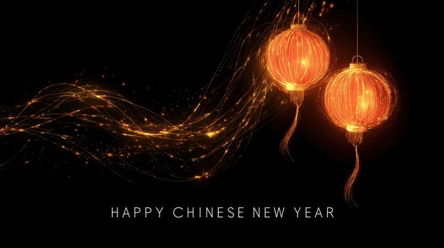 Glowing Chinese lanterns with golden light trails on a black background