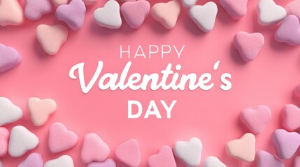 Valentine's Day greeting with heart-shaped candies on a pink background