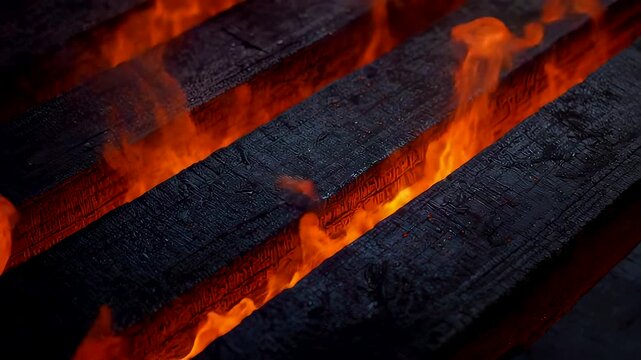 Burning wooden planks glowing with intense orange flames in a dark environment creating a dramatic scene of heat, texture, and fiery energy