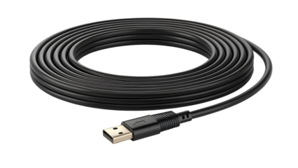 A coiled black hdmi cable with a gold connector isolated on white background
