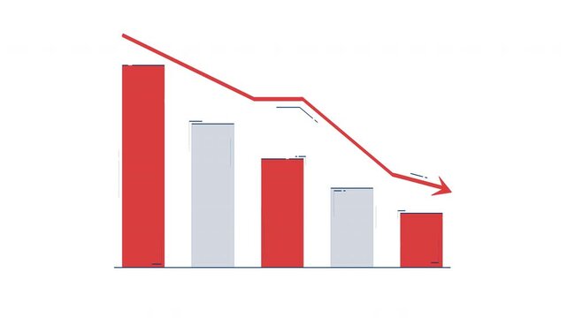 Bar chart with downward trend arrow 2D object doodle animation. Budgeting decreasing. Financial loss. Economic decline animated flat element isolated on white background. Cartoon 4K video drawing