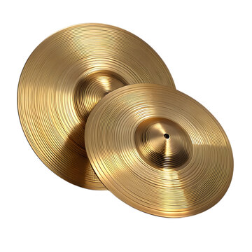 Two golden brass cymbals with intricate patterns isolated on white background