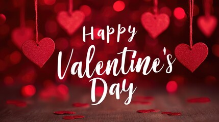 Happy Valentine's Day greeting with hanging hearts and bokeh background