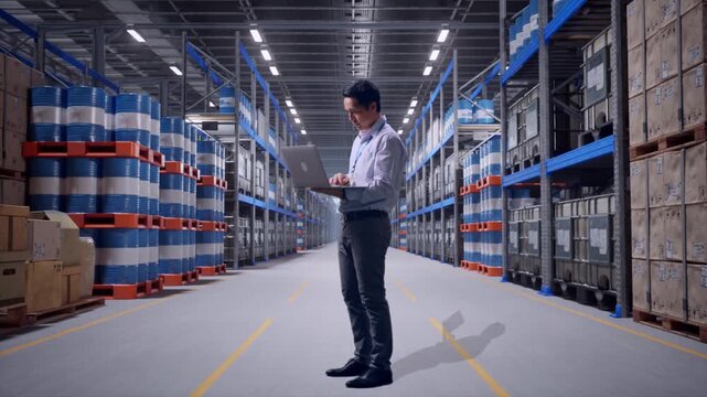 Full Body Side View Of An Asian Male Professional Worker Standing With His Laptop at Warehouse Aisle with Chemical or Oil Barrels on Pallet Racking, Typing On His Laptop'S Keybaord With Meditation