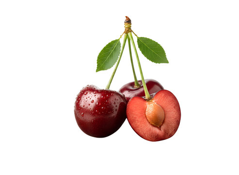 Fresh ripe cherries with water droplets, whole and half cut, transparent, vibrant red fruit showing juicy texture, natural sweet ingredient ideal for food, wellness, nutrition and summer themes