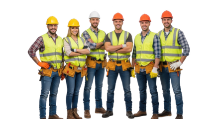 Group of confident construction workers detailed photography expressing construction, worker, team designed for promotional, branding, editorial,