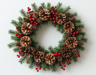 Christmas wreath with red berries and pine cones on a white background