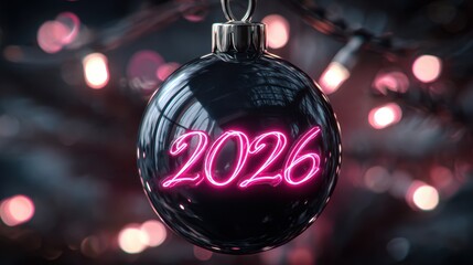 Christmas ornament with glowing 2026 text, festive holiday season background