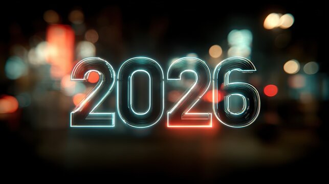 Neon 2026 Sign Against a Blurred Cityscape Background